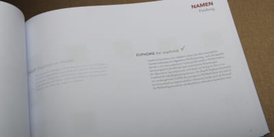 Offenes Buch mit Definitionen und Notizen zur Namensfindung; der Begriff „EUPHORIE“ ist hervorgehoben.