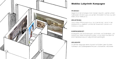 3D‑Darstellung eines mobilen Labyrinths mit Minos‑Logo außen und Hotelbildern innen.