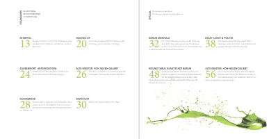 Zweiteiliges Inhaltsverzeichnis eines Kunstmagazins. Das Layout nutzt eine klare typografische Hierarchie mit großen, olivgrünen Seitenzahlen. Im unteren rechten Bereich zieht sich ein dynamischer, grüner Farbspritzer über beide Seiten, der die strenge Rasterstruktur künstlerisch aufbricht.