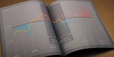 Eine großformatige Doppelseite mit einem komplexen Liniendiagramm auf einem feinen Punktraster. Rote und blaue Balken visualisieren Temperaturabweichungen über das 20. Jahrhundert hinweg, ergänzt durch Markierungen wie ‚Nachkriegswirtschaftsboom‘.
