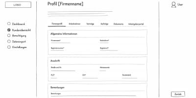 Wireframe einer Firmen-Detailansicht mit einer Tab-Leiste für verschiedene Kategorien wie Firmenprofil, Arbeitnehmer und Verträge, sowie Platzhaltern für Stammdaten und Anschrift.