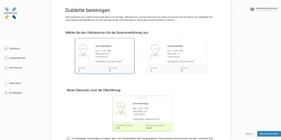 Finale Phase der Dublettenbereinigung: Datensatz 1 ist als Zieldatensatz blau markiert. Darunter erscheint eine grüne Vorschaukarte des „neuen Datensatzes nach der Überführung“, welche die kombinierten Verträge (3+5) und Dokumente (12+15) visualisiert.
