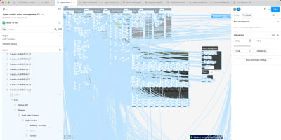 Ansicht eines hochkomplexen interaktiven Prototyps in einem Design-Tool: Eine Vielzahl von Blueprints und Screens ist durch ein dichtes Netz aus hellblauen Verbindungslinien visualisiert, welche die logischen Verknüpfungen und Nutzerpfade zwischen den einzelnen Interface-Elementen darstellen.